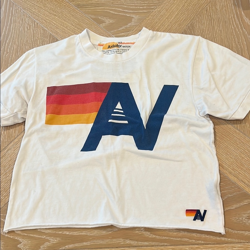 Aviator Nation White Tee with Rainbow Stripe